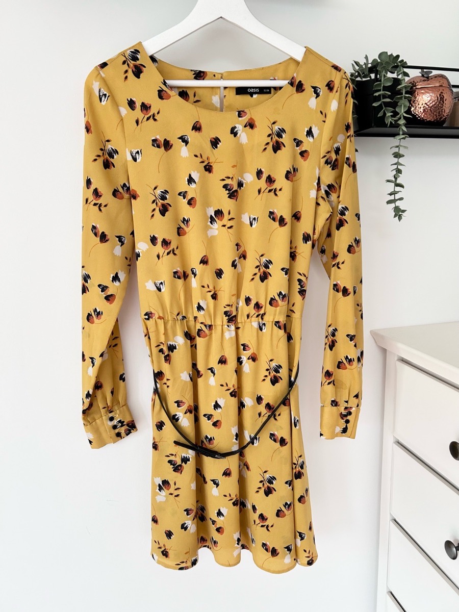 Oasis mustard floral belted long sleeve blouse dress size 12