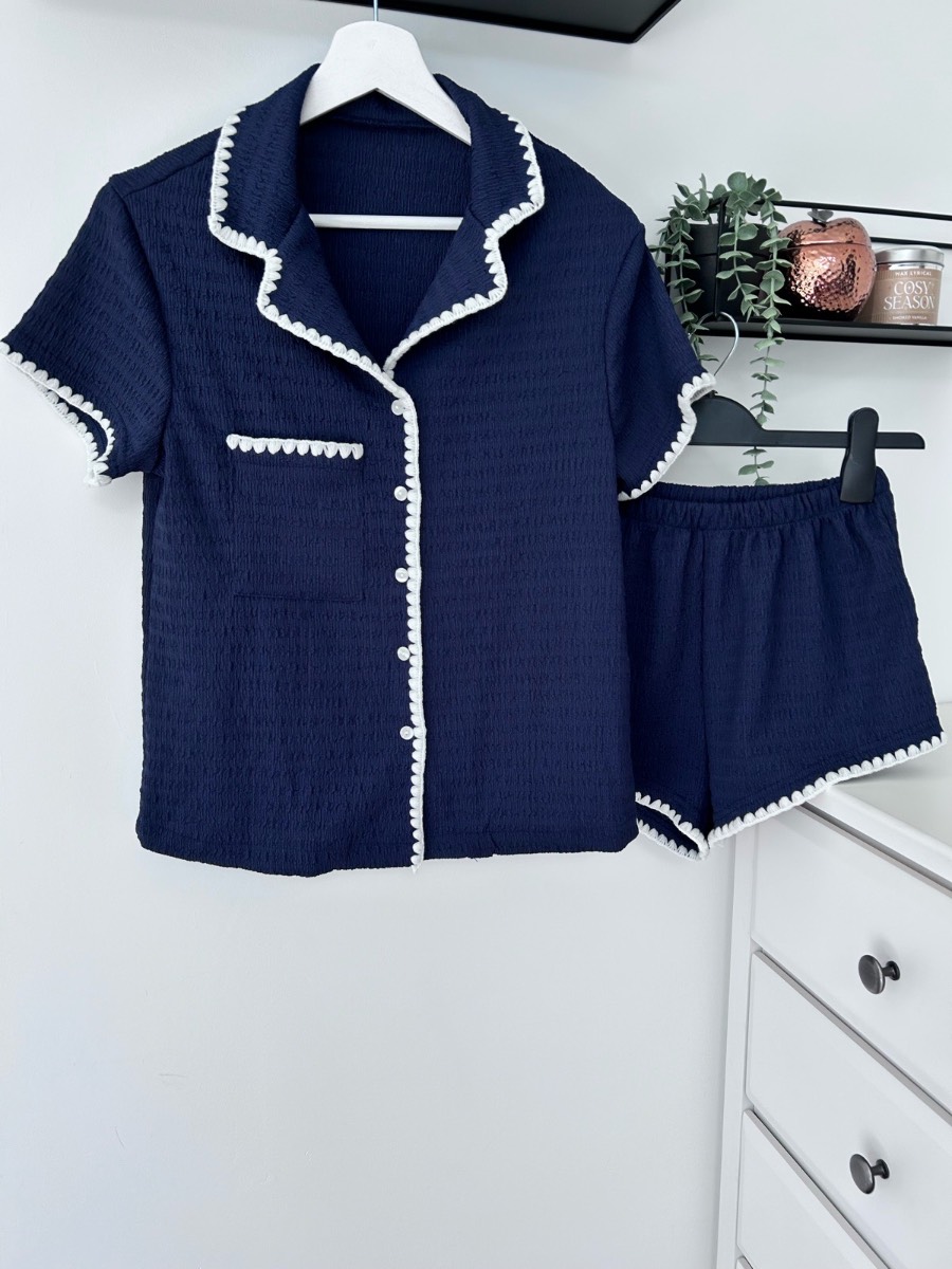 Shein navy & white crochet stitch trim pj set size 8