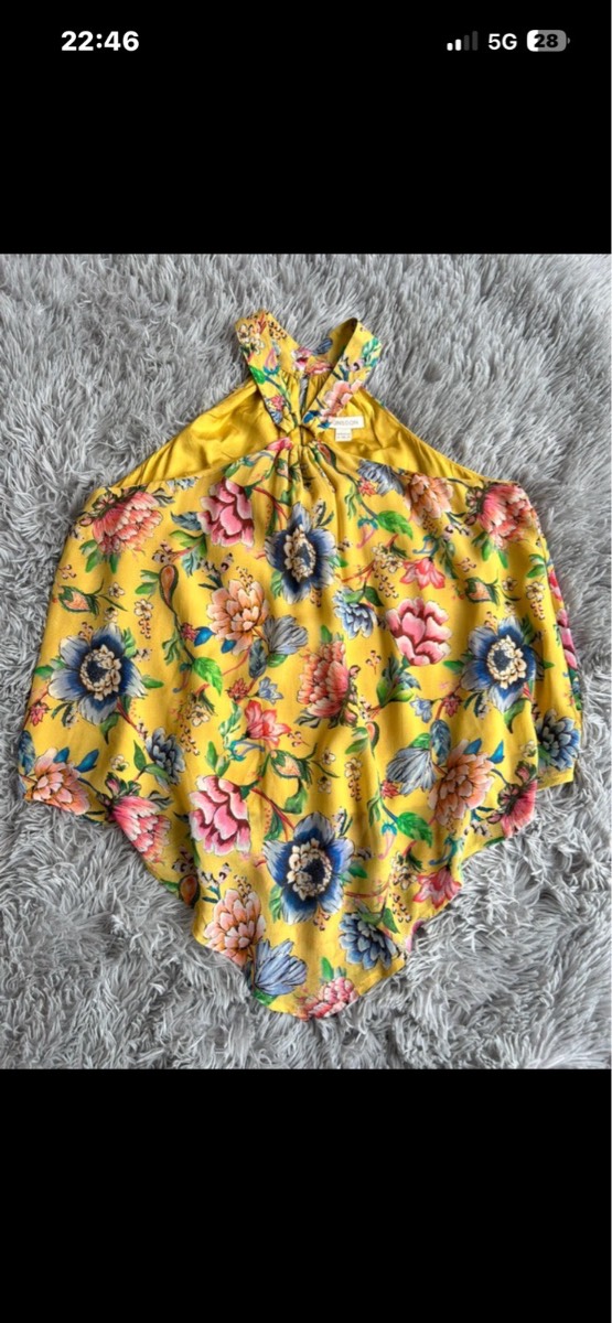 Monsoon Bright yellow mixed floral halter neck handkerchief hem top size 12
