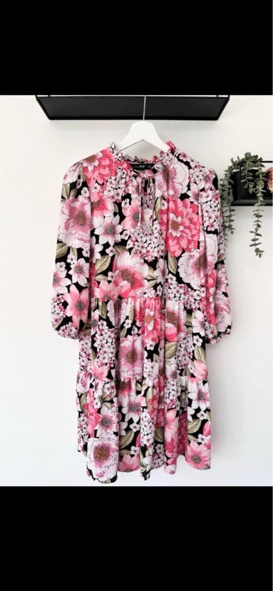 F&F pink floral 3/4 sleeve tiered midi dress size 12