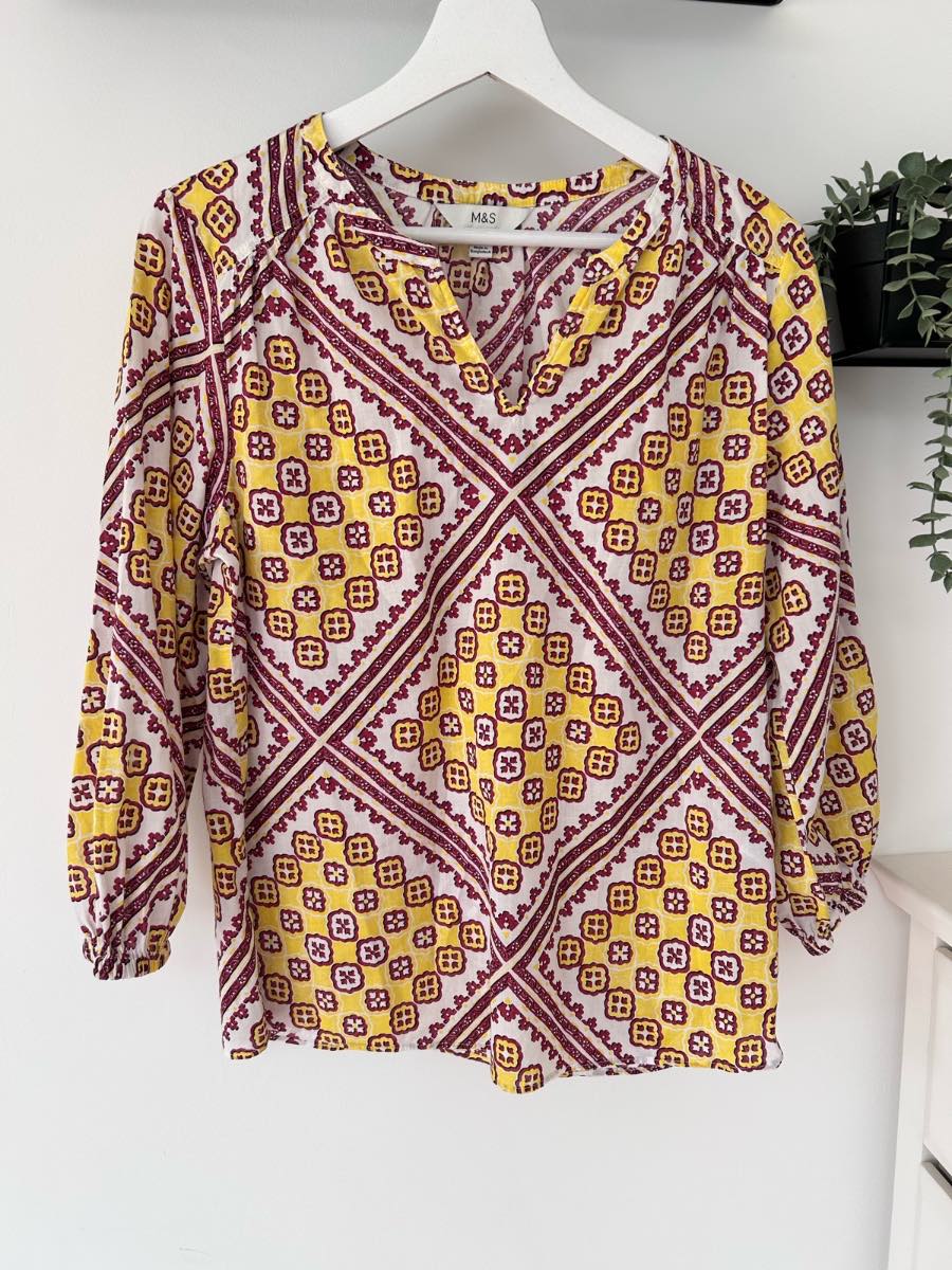 M&S Dark pink & yellow geometric tile print boho blouse/top size 6/8