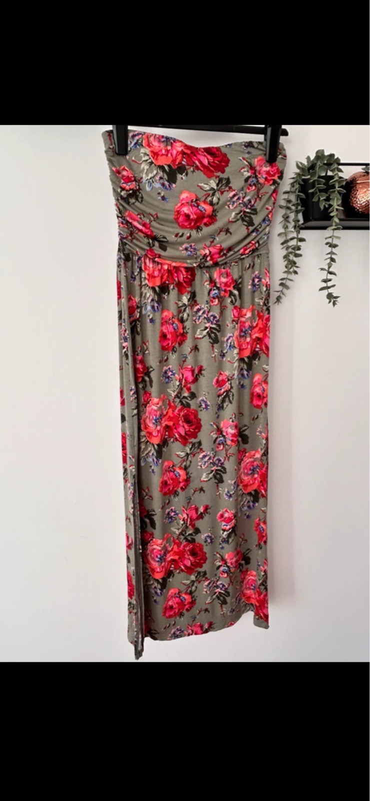 Oasis khaki & pink floral sleeveless side split midi summer dress size XS