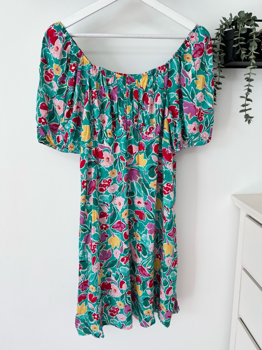 Primark Green bright mixed floral on/off shoulder summer beach dress size 12