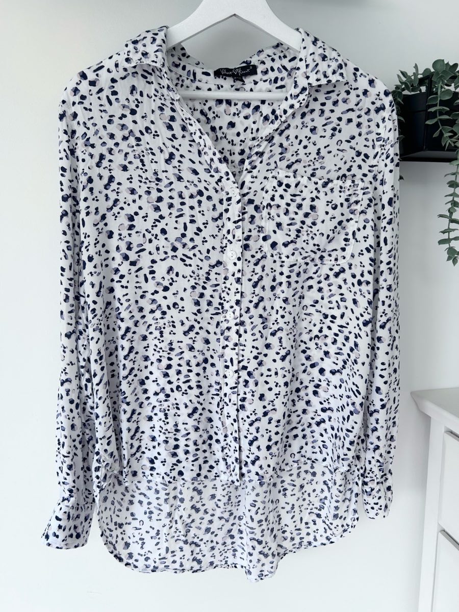 Velvet heart white & indigo leopard/dalmation spot long sleeve blouse size S