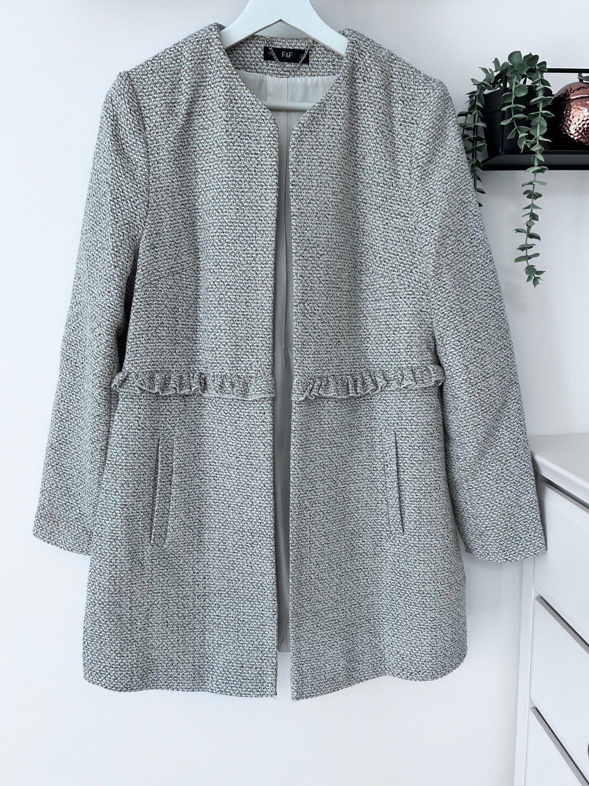 F&F Light Grey textured ruffle trim longline coat size 10