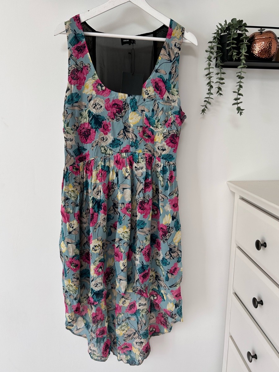ASOS Blue & pink floral sleeveless mesh back summer dress size 16