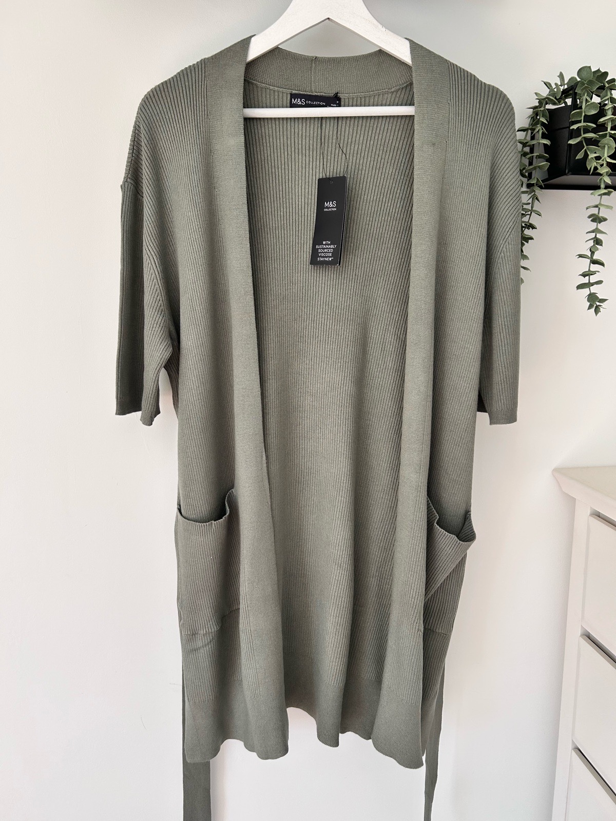M&S khaki green open front tie waist short sleeve cardigan size M