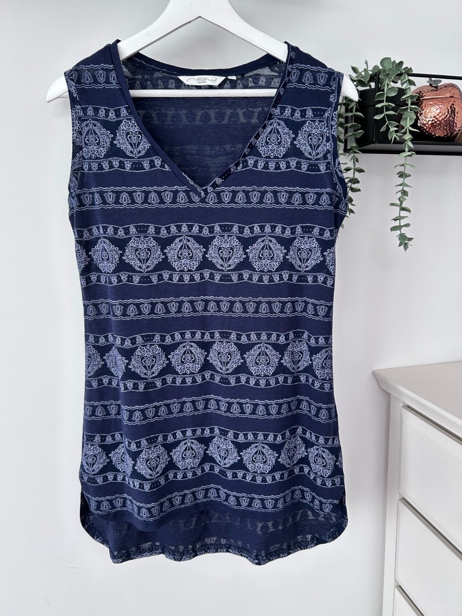 New look Navy paisley border semi sheer vest blouse size 8