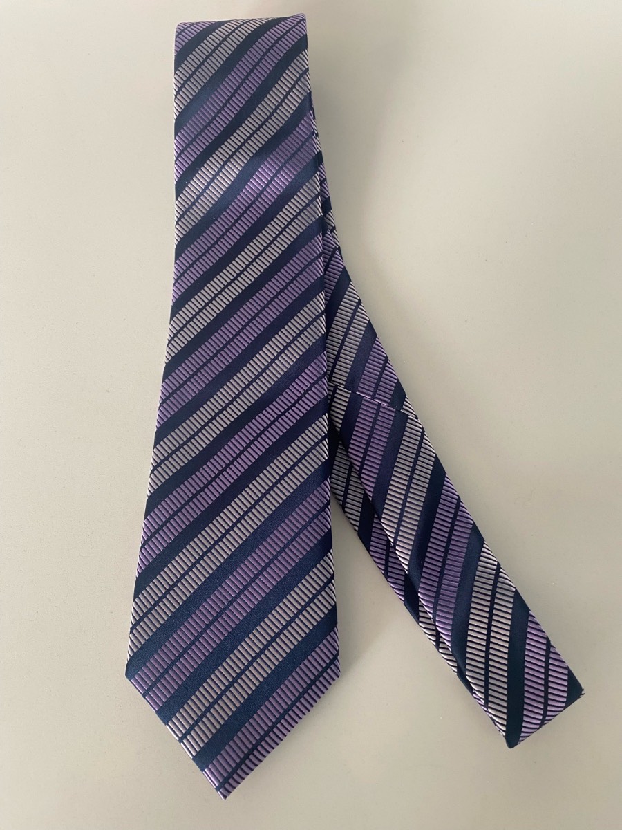 Purple navy grey striped silk tie Marks & Spencer
