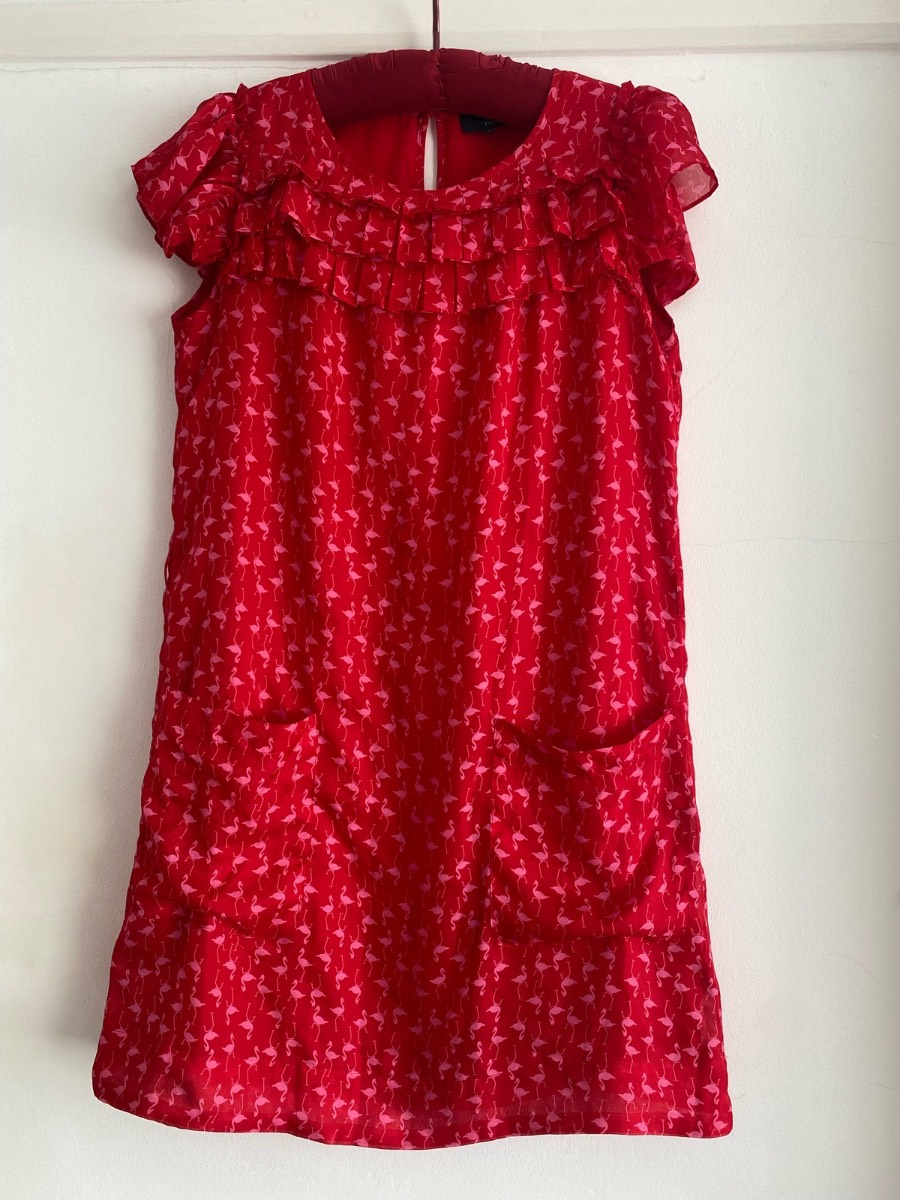 Red Flamingo Print Mini Dress with Pockets & Ruffle Neck size 12