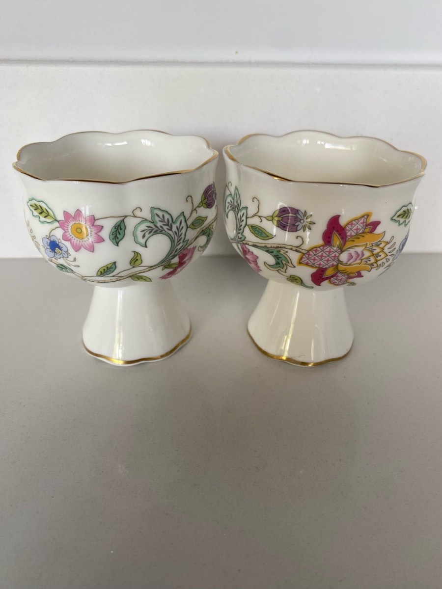 Pair of Minton Haddon Hall bone china candle holders with gold rim