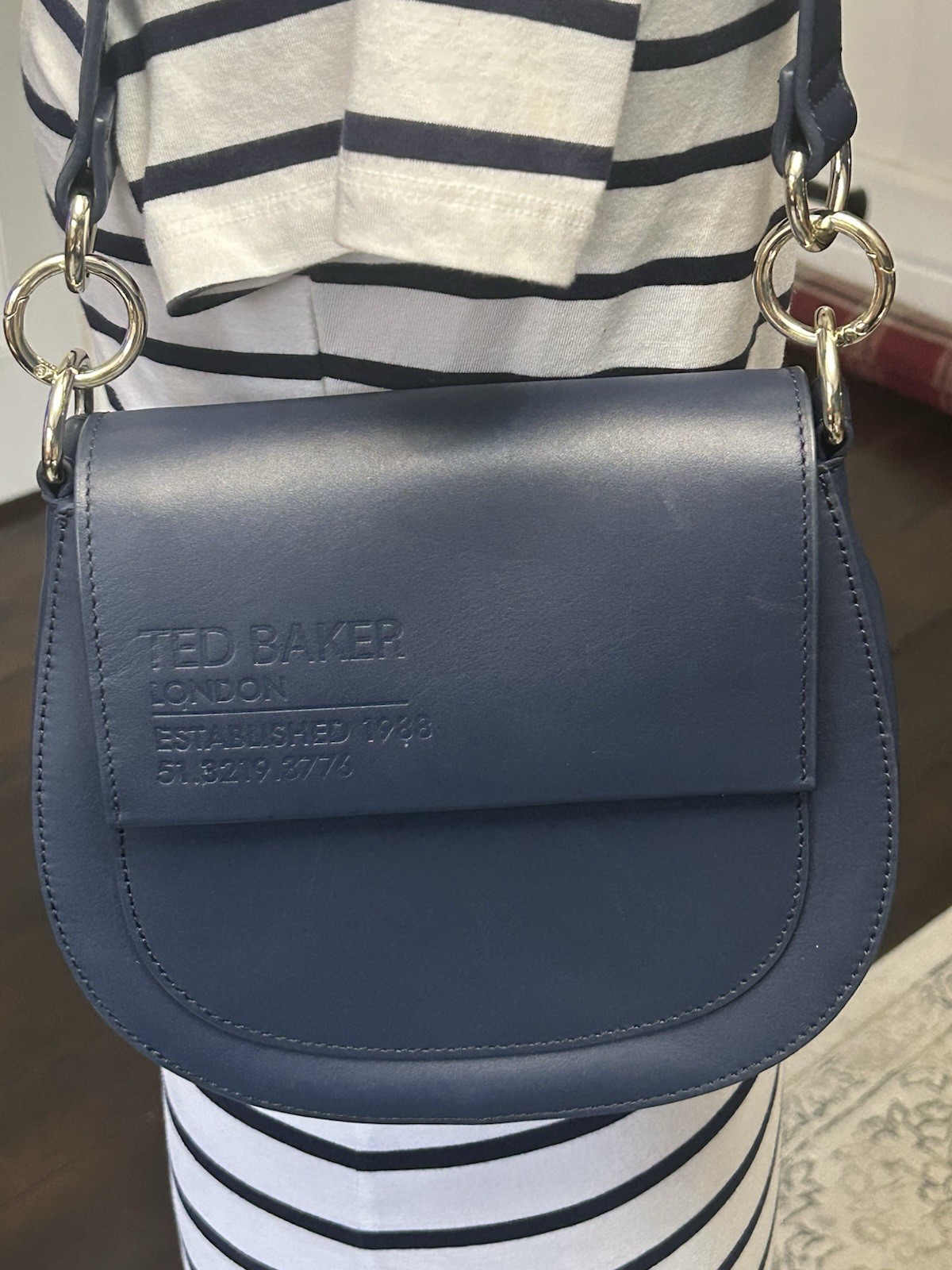Ted Baker Darcell Navy Leather Crossbody Bag Logo Webbing Strap Satchel 109919