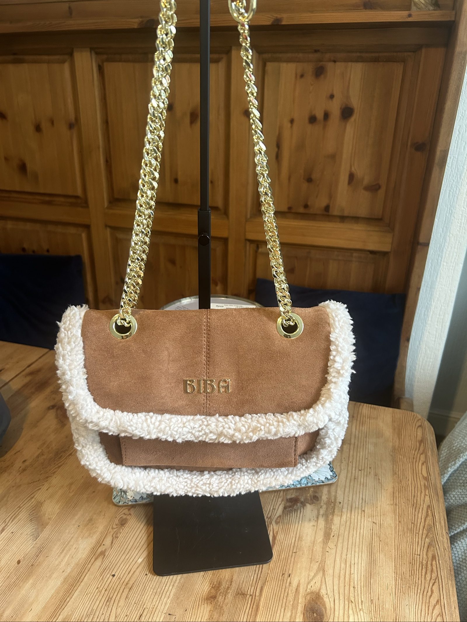 Biba Brown & White Faux Suede Faux Shearling Shoulder Bag