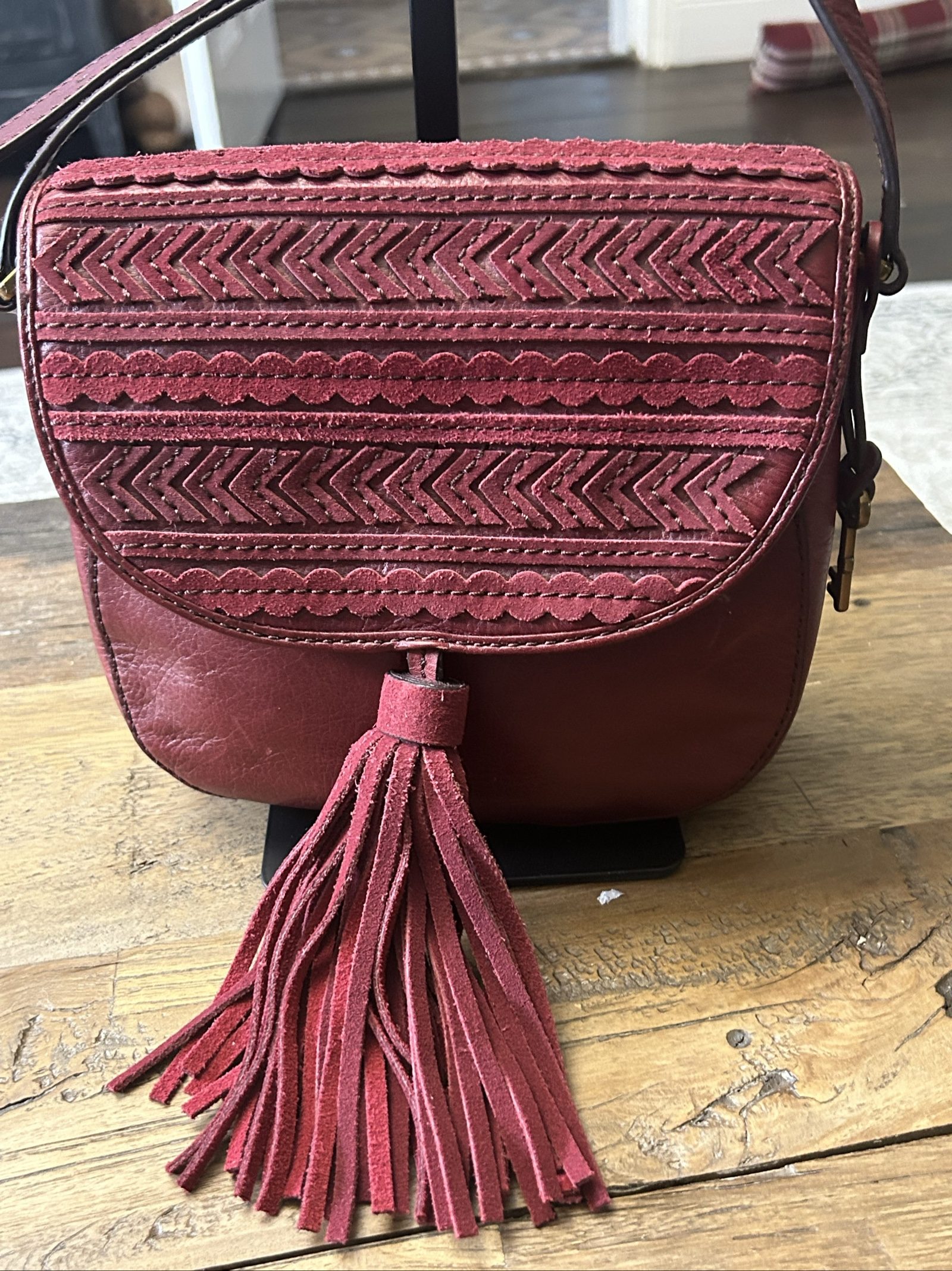 Fossil Emi Red Leather Tassel Detail Shoulder Bag
