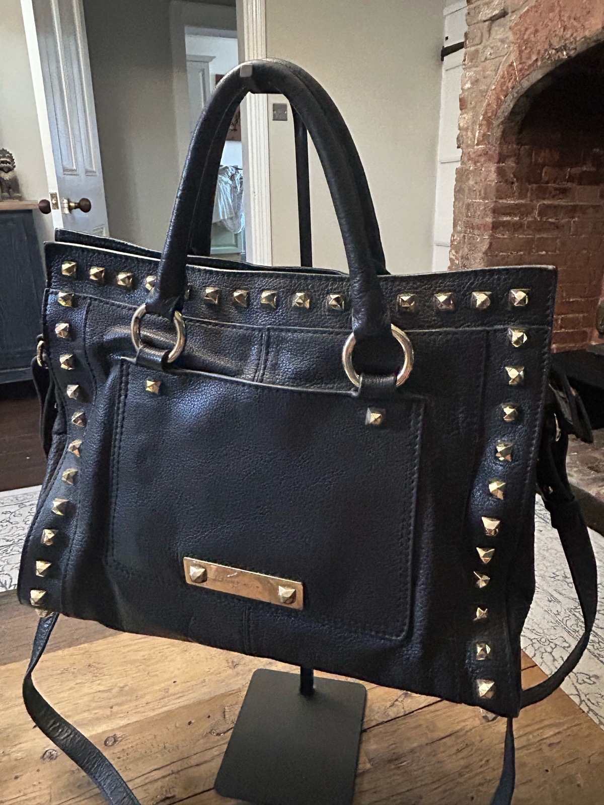 Vintage KAREN MILLEN Black Leather Studded Tote Bag Handbag Gold Pyramid Studs