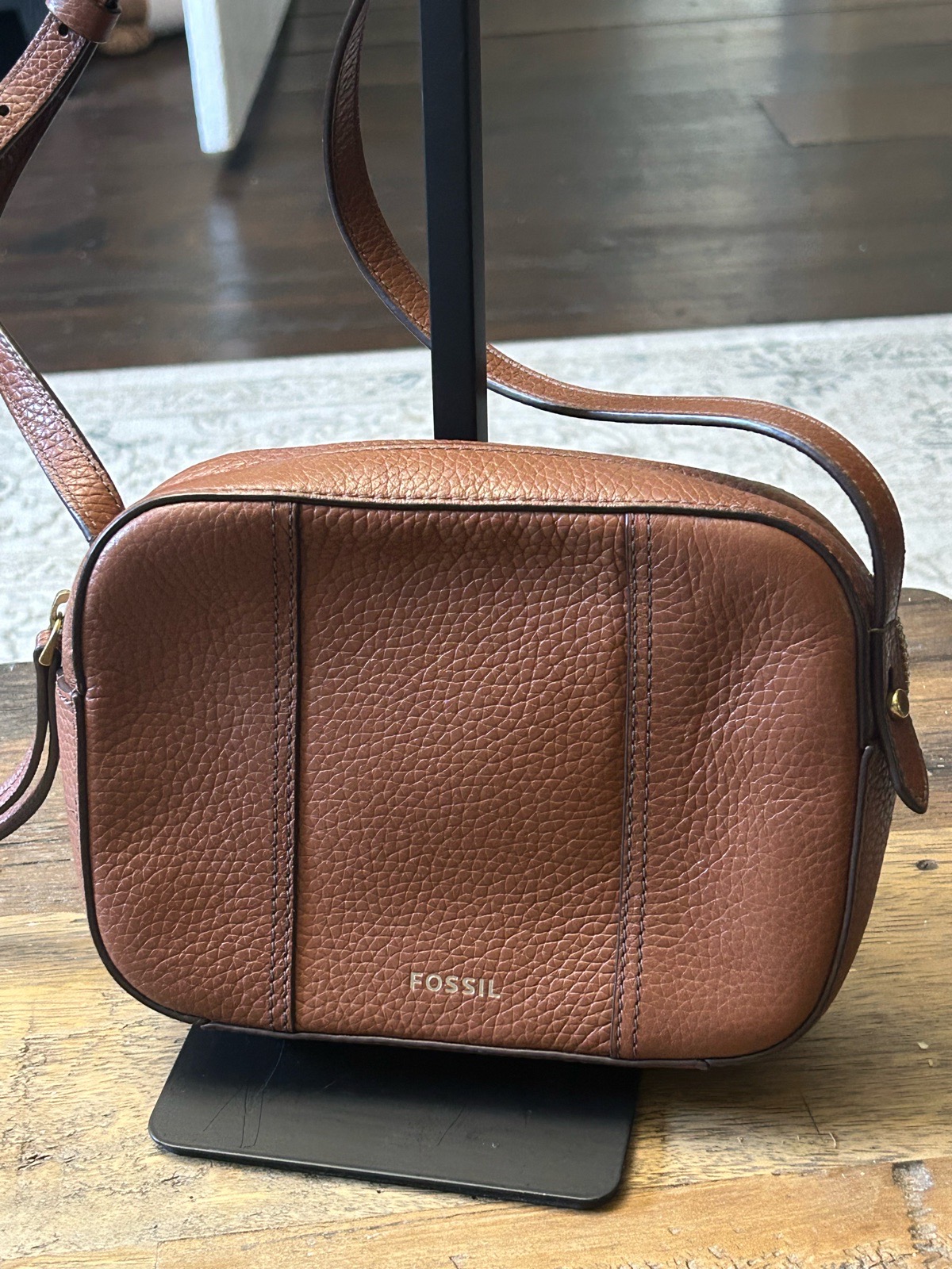 Fossil Jenna Brown Pebbled Leather Crossbody Camera Bag Handbag Messenger