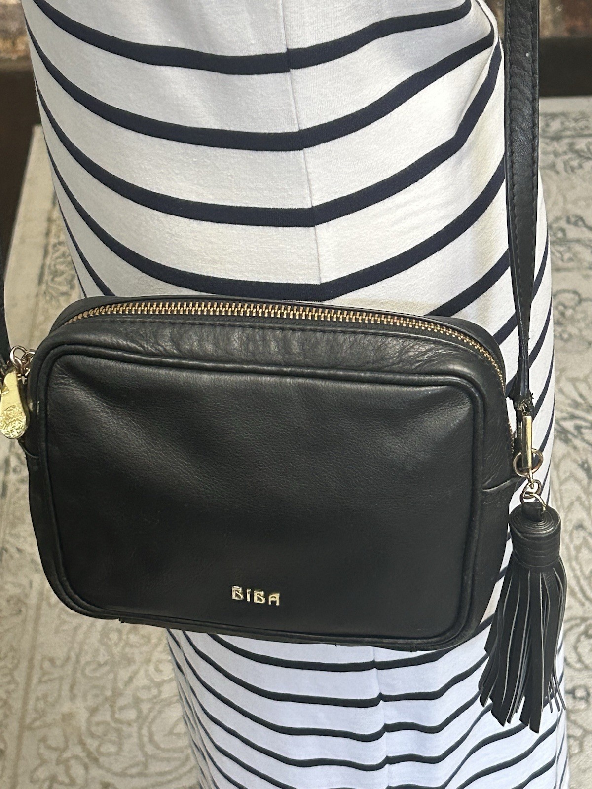 BIBA Black Leather Crossbody Camera Bag Gold Hardware Tassel Handbag 110012