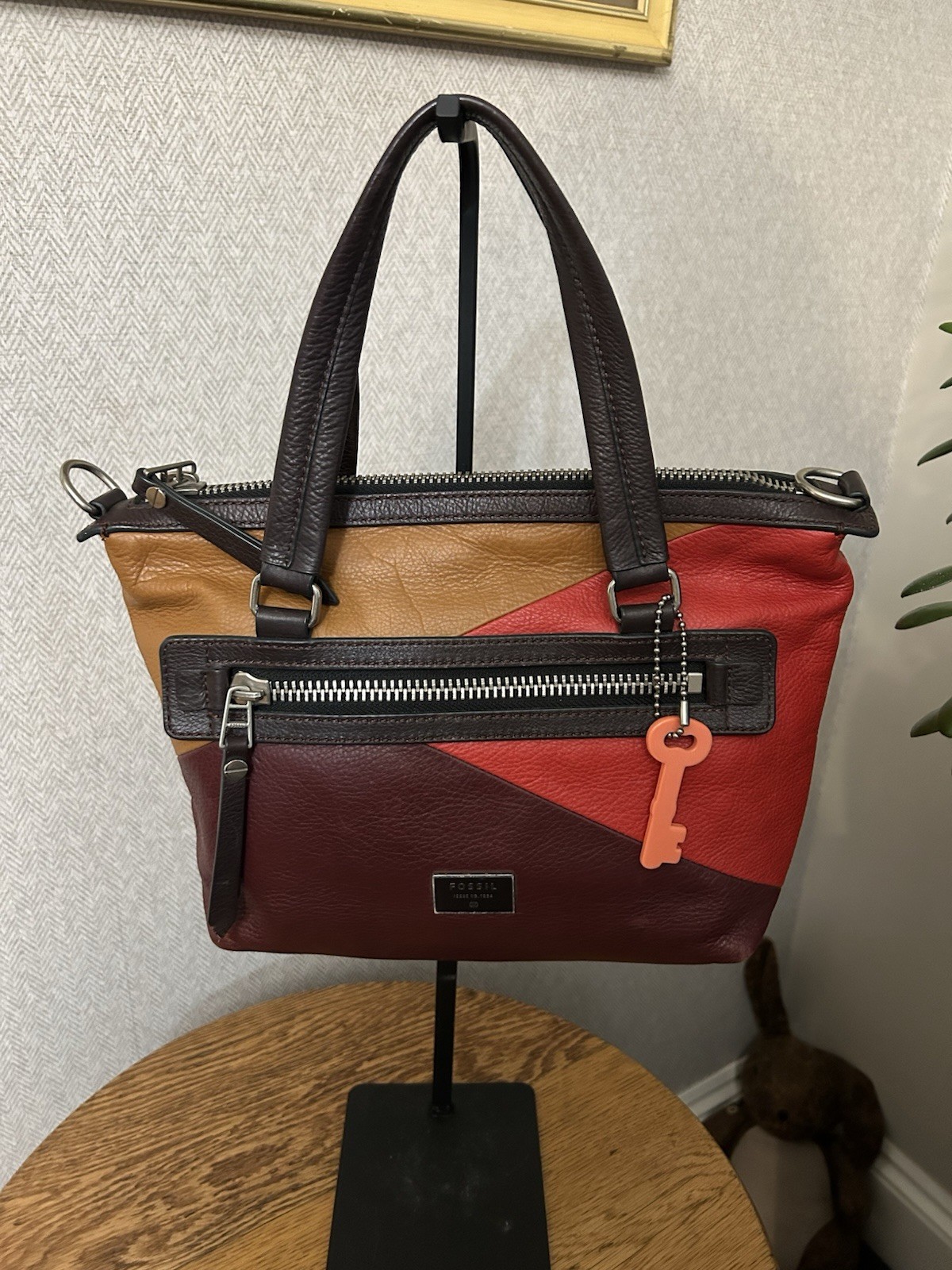 Fossil Dawson Patchwork Multicolor Leather Zipper Pocket Satchel R43411