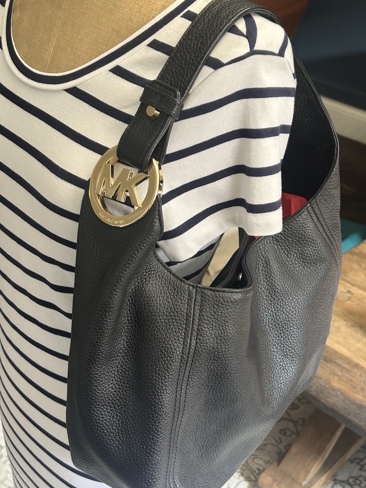 Michael Kors Black Leather Hobo Shoulder Bag with Gold MK Charm