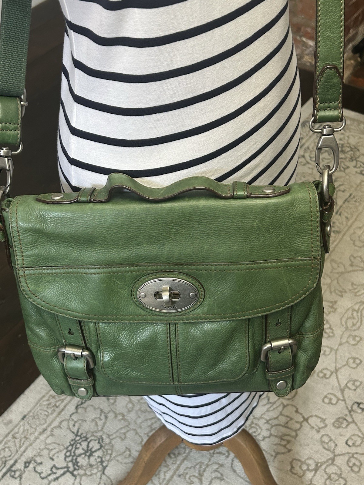 Fossil Green Leather Maddox Flap Crossbody Handbag with Turnlock &Buckles 110115