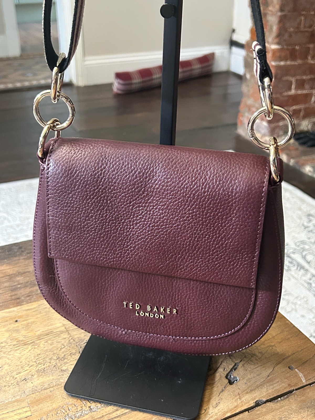 Ted Baker Amali Burgundy Pebbled Leather Crossbody Saddle Bag