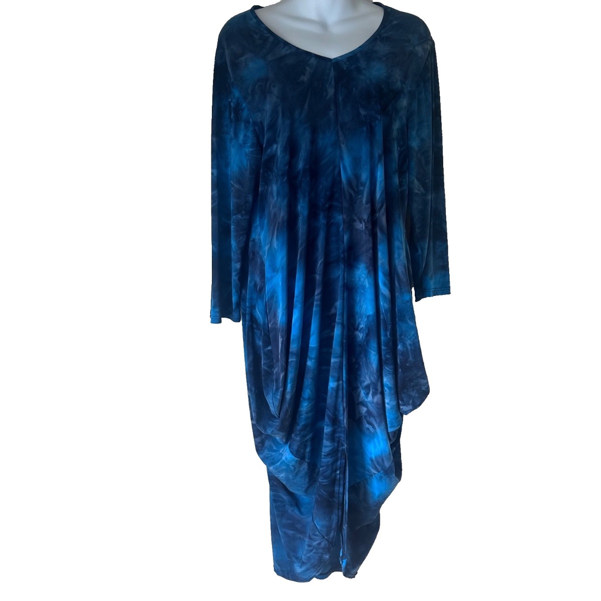 COVER UP Blue Black Tie Dye Lagenlook Tulip Dress Front Slit Quirky Fits Size 12 14 16