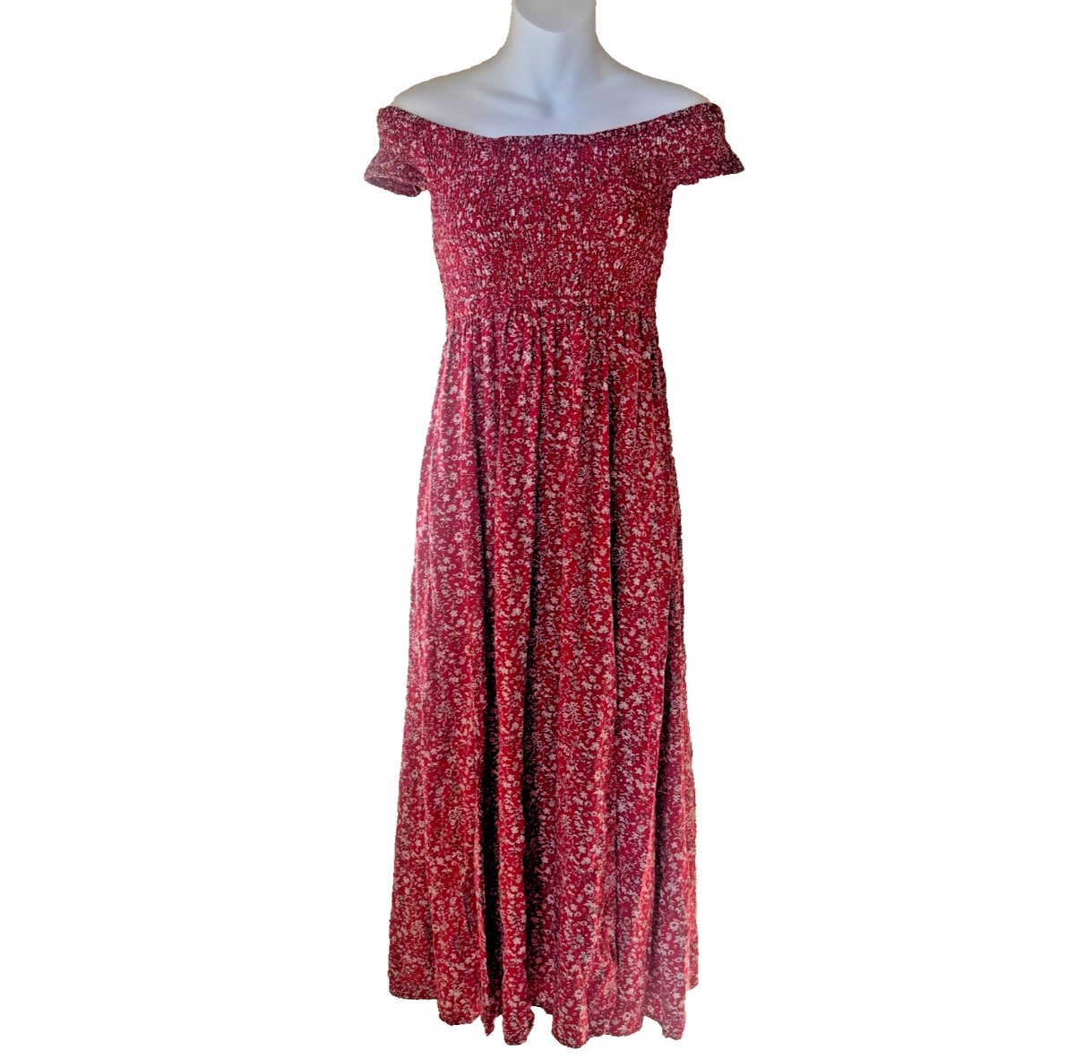 Roman Red Ditsy Floral Shirred Off Shoulder Slit Midi Dress Size 12