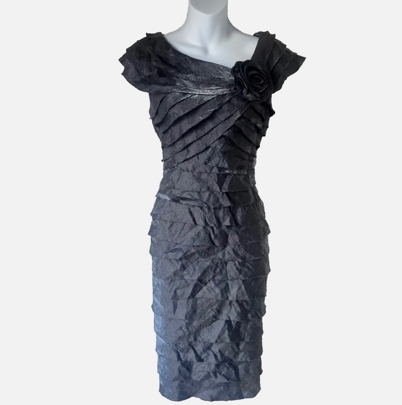 London Times Charcoal Grey Ruffle Dress with Flower Detail Size 14