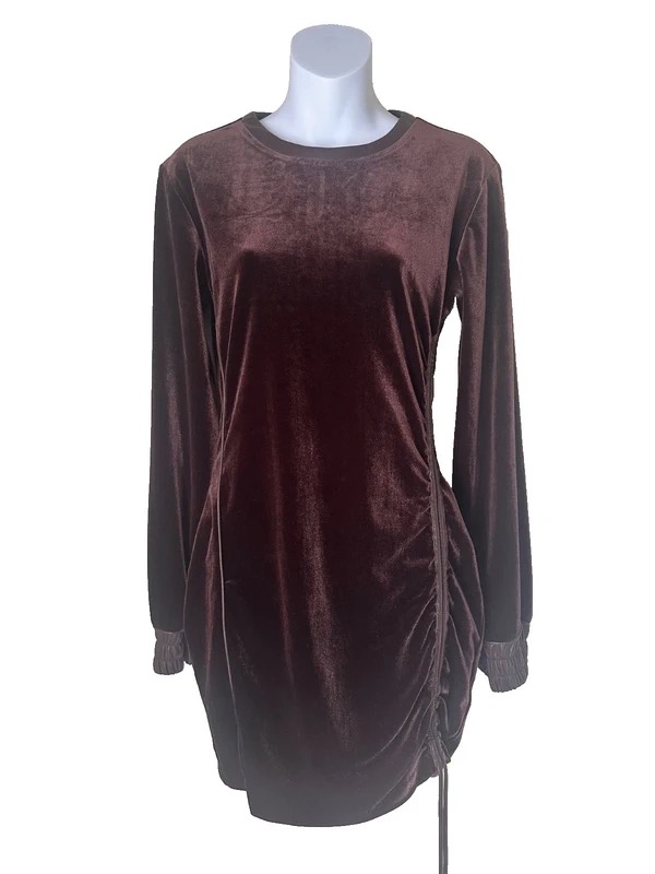 Maniere De Voir Brown Velvet Ruched Mini Dress Faux Leather Piping Size 12 BNWT
