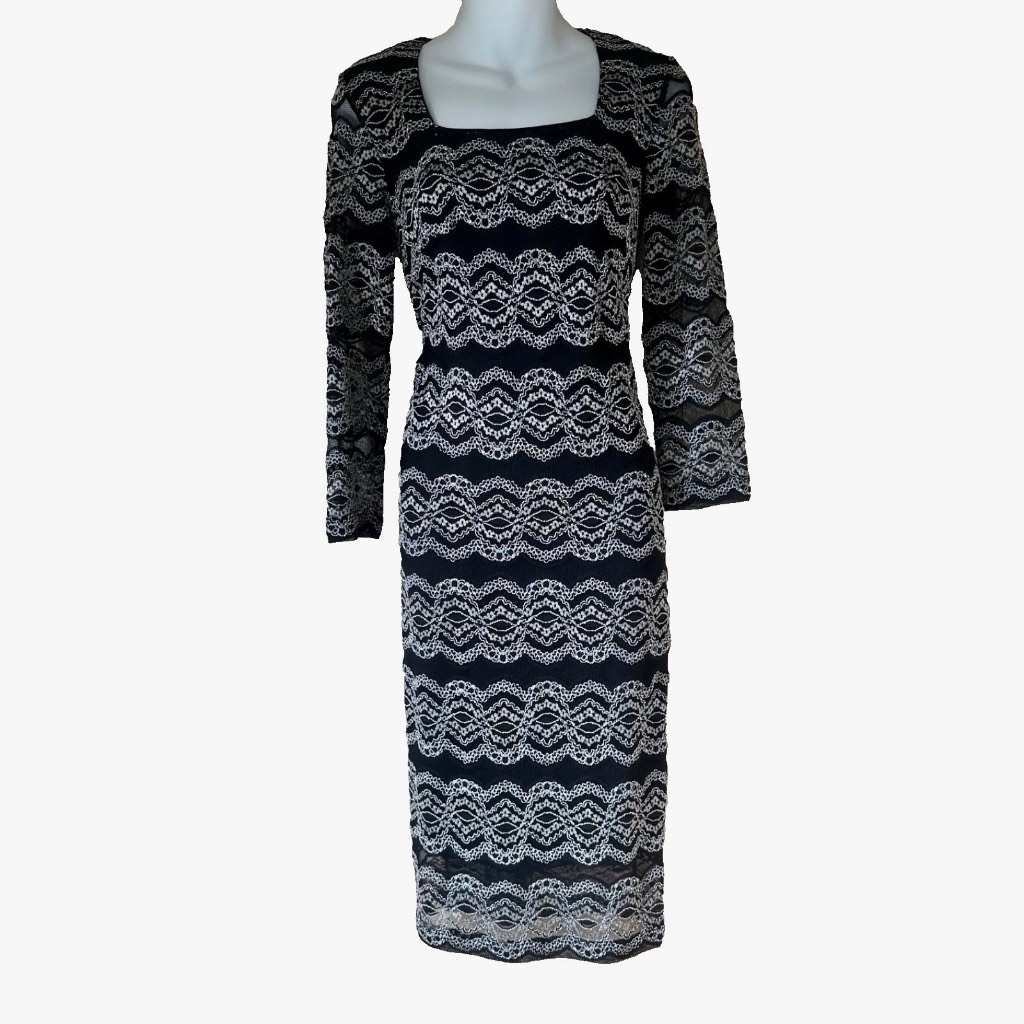 Roman Black, White and Silver Lace Style Midi Dress Size 12 Sheer Sleeves