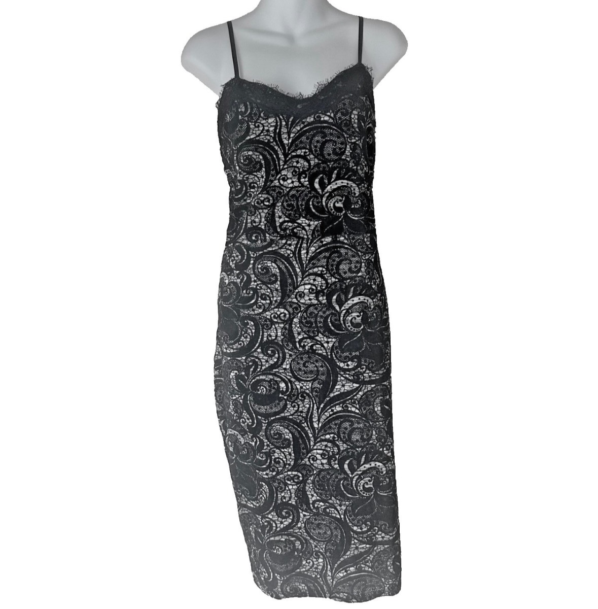 Boutique Black Silver Flocked Velvet Damask Lace Trim Bodycon Midi Dress UK 14