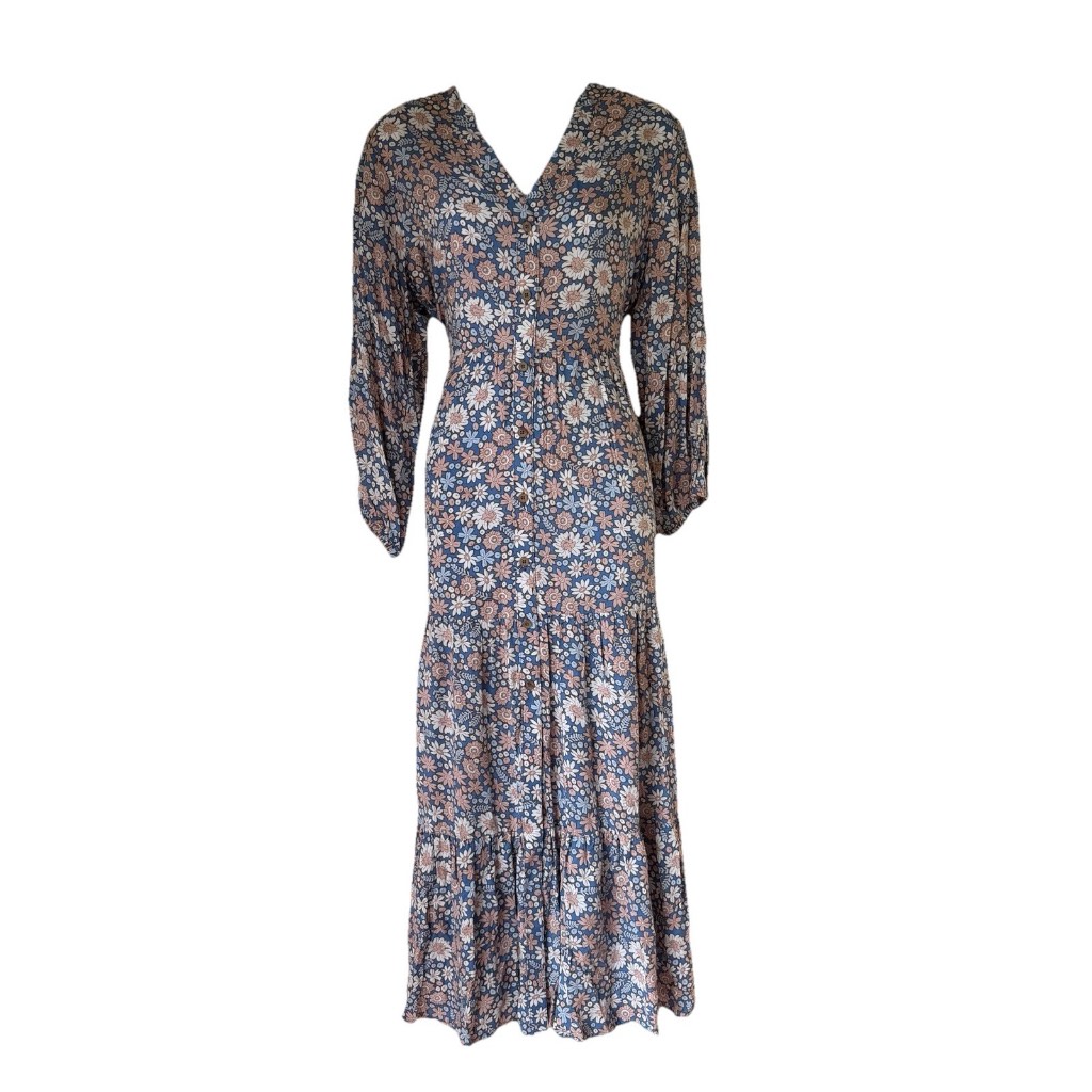 Encuentro Floral Tiered Button Detail Midi Dress Approx UK 12 eu40 Boho Blue Viscose Summer