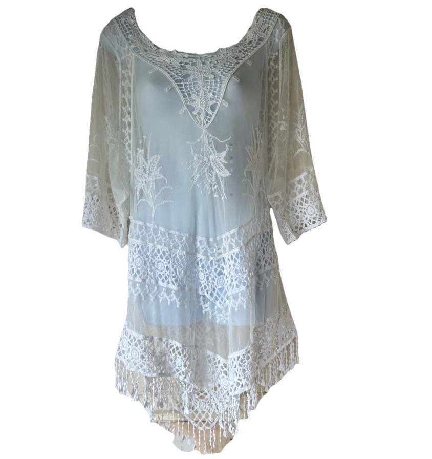 Ivory Bohemian Crochet Embroidered Fringe Mesh Beach Cover Up Boho Holiday Tunic Top