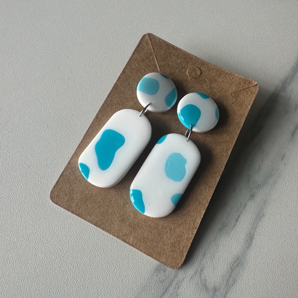 Blue White Abstract Spotted Resin Drop Earrings Statement Geometric