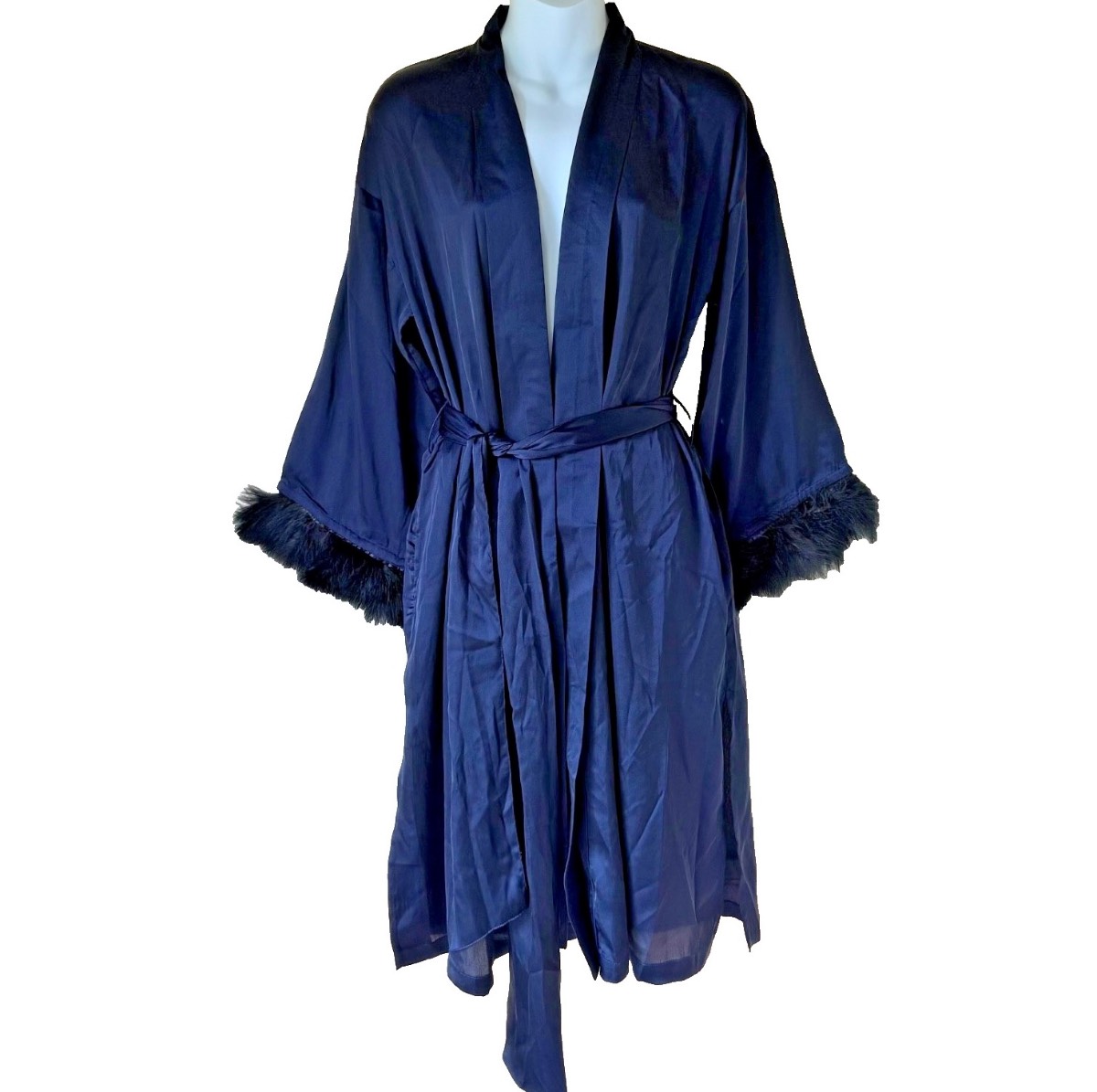Monsoon Fia Navy Blue Faux Feather Trim Robe Dressing Gown Size S NWT