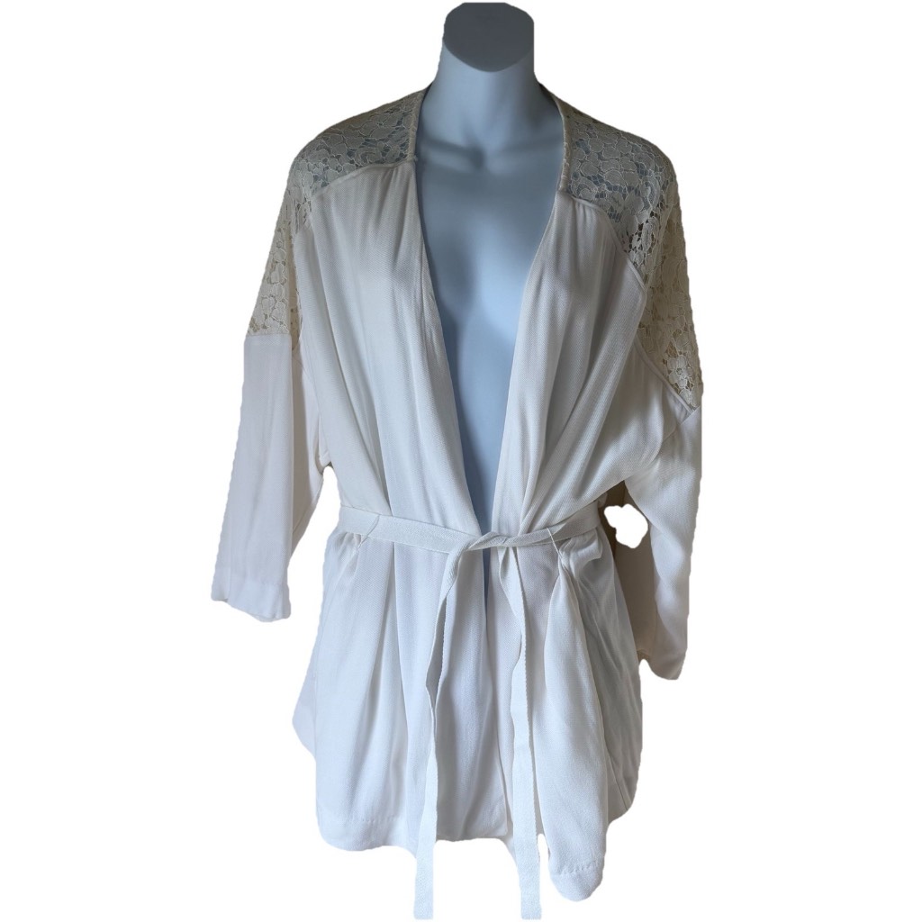 H&M Lightweight Jacket Kimono Tie Front Pockets Lace Detail Size M