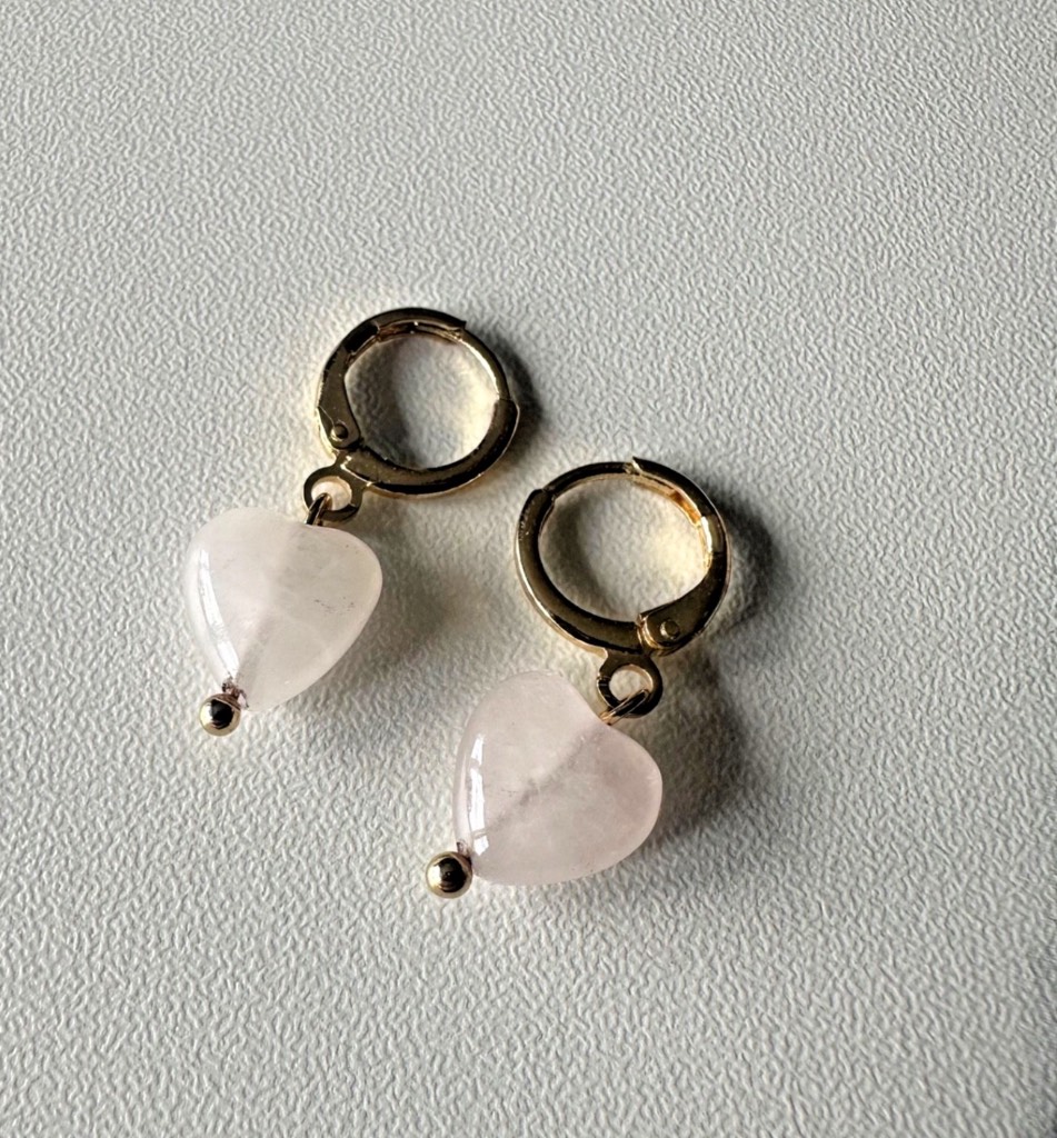 Rose Quartz Heart Charm Hoop Earrings Gold Tone Huggie Hoops
