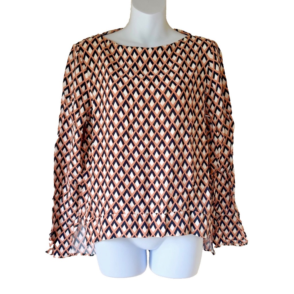 Zara Womens Geometric Print Blouse Size L Tan Black