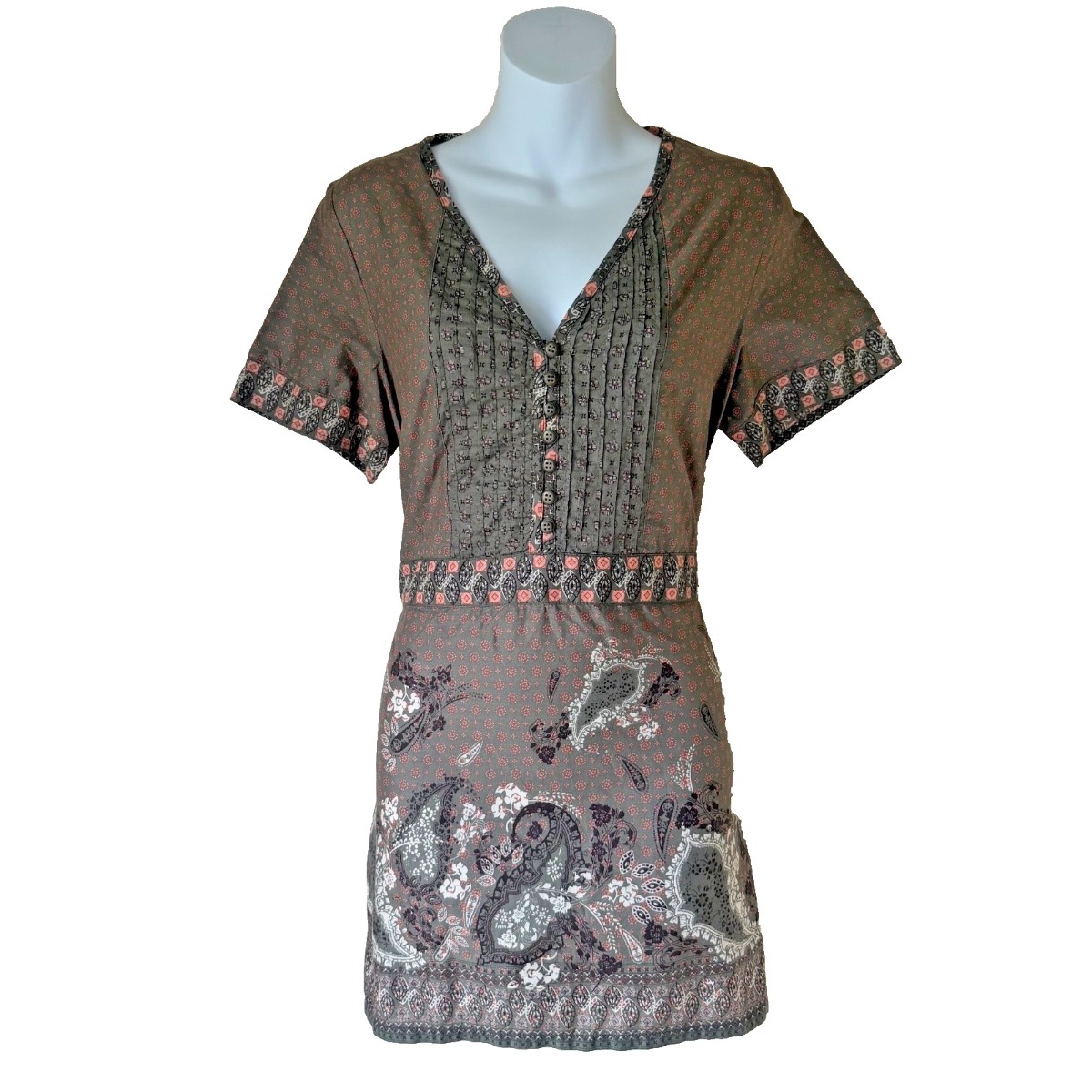 Bm Button Front Tunic Top Size 12 100% Cotton Tie Back Brown boho