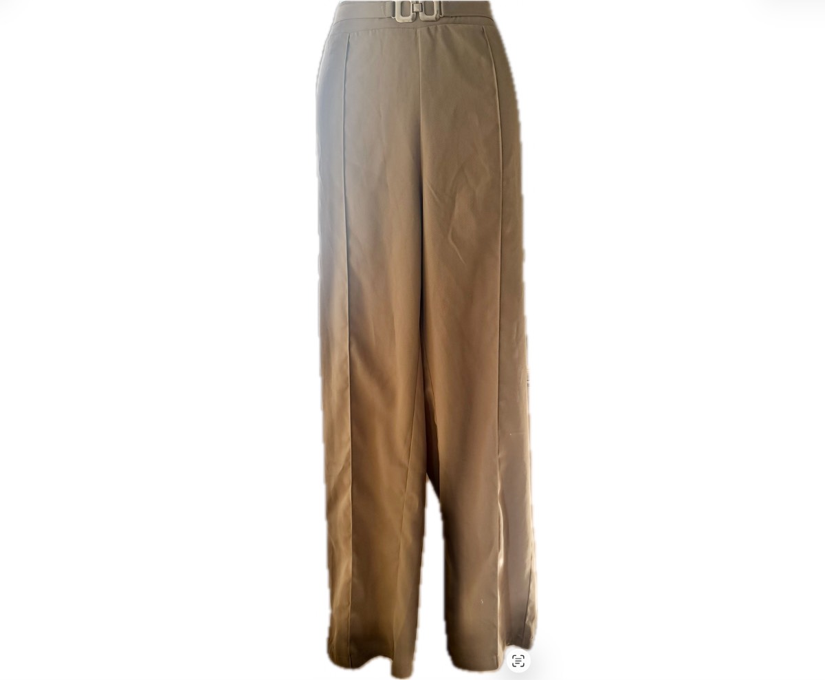Gold Buckle Straight Leg Pleated Trousers Size L 12 -14 Tan Light Brown Buckle