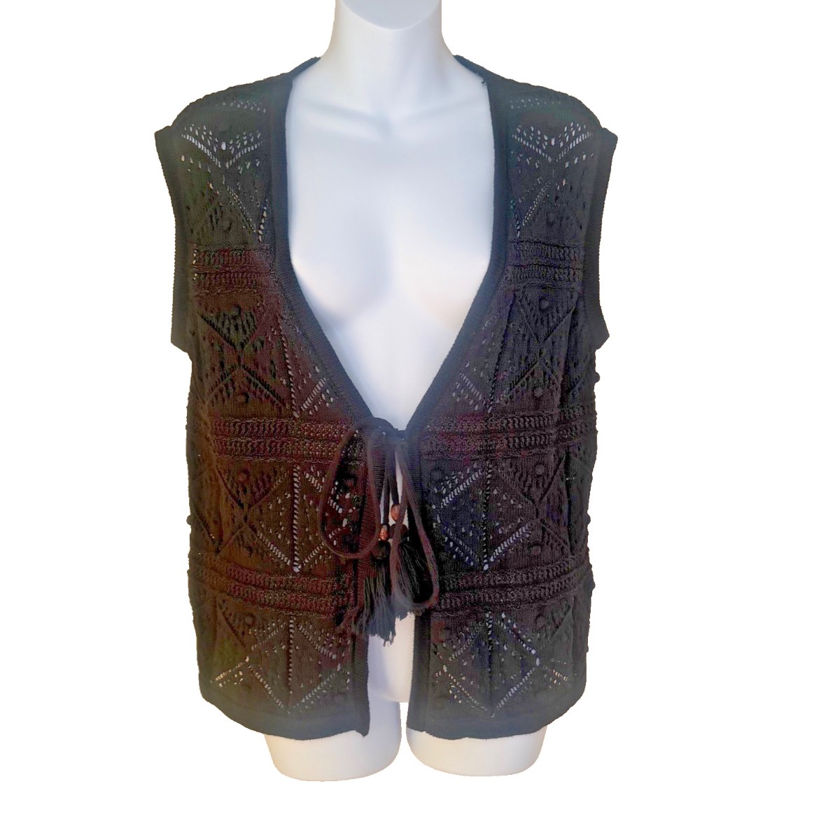 M&S Black Shimmer Crochet Knit Boho Tie Front Vest Waistcoat Size M