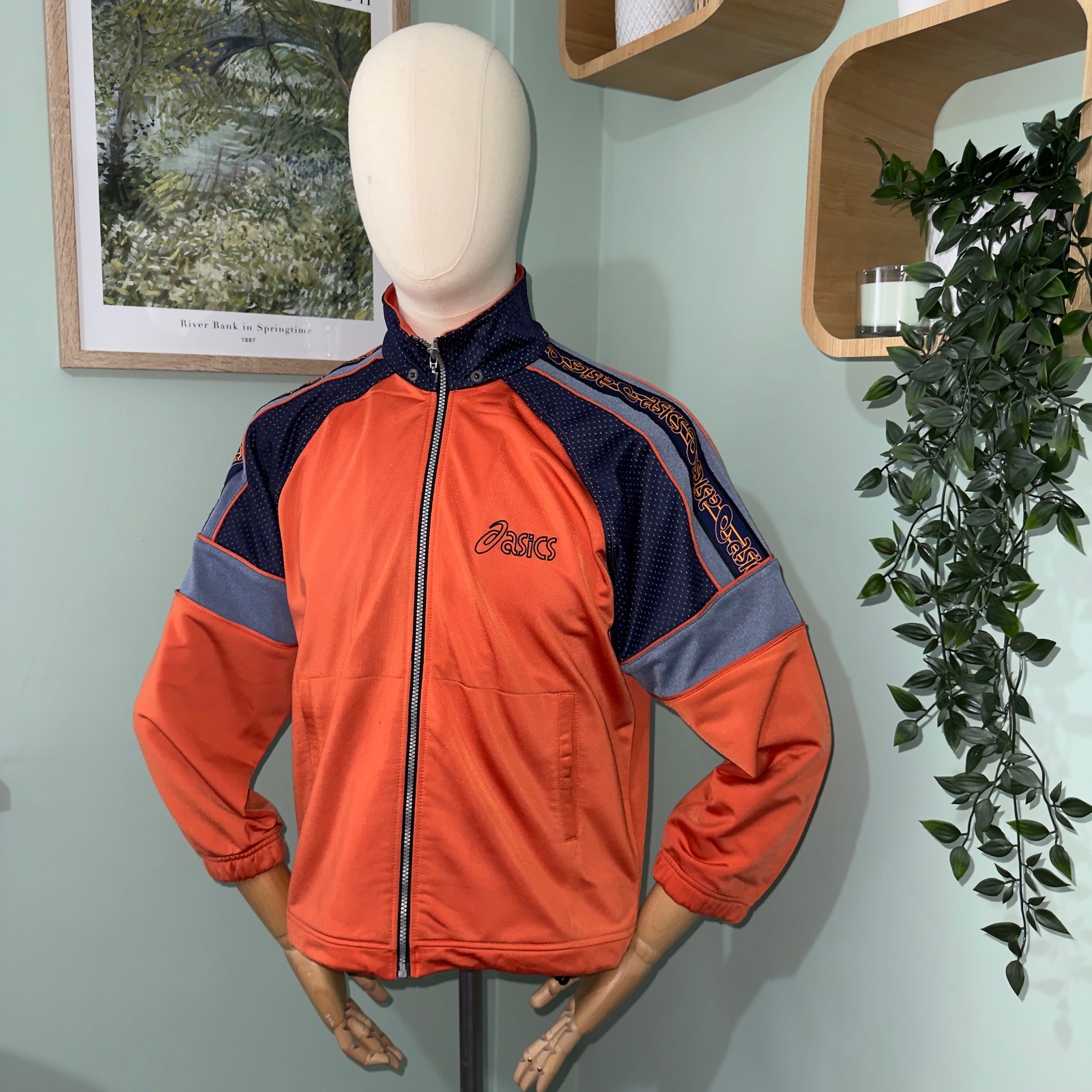 Vintage 90s ASICS Track Jacket Size XS-S Retro Orange Navy Colour Block Panneled