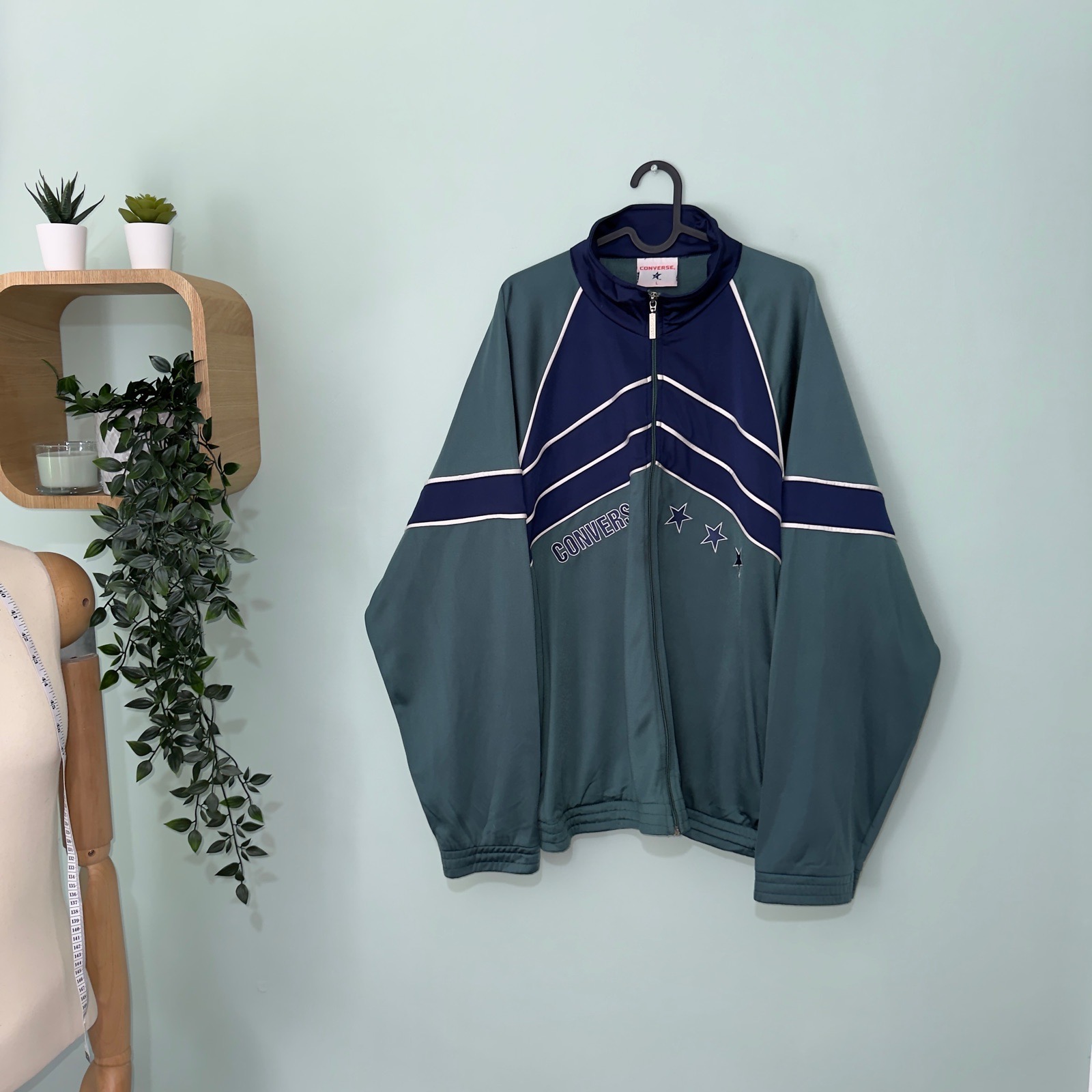 Vintage 90s Converse Track Jacket Size L Teal Navy Embroidered Logo Retro