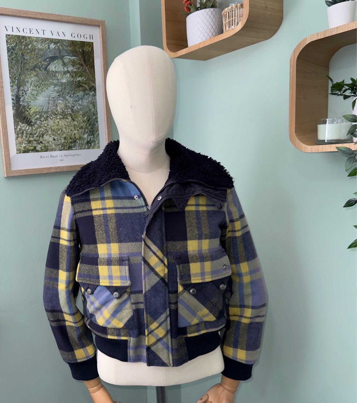 Vintage Diesel Bomber Jacket Size S Sherpa Lined Y2K Cropped Tartan Plaid Wool