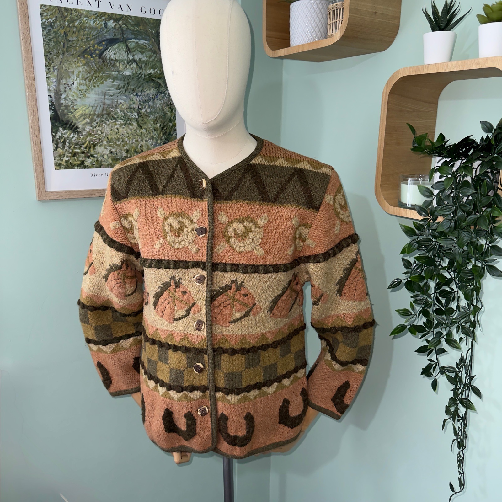 Vintage Mohair Wool Cardigan Sweater M Horse Pattern Grandpa Cottagecore