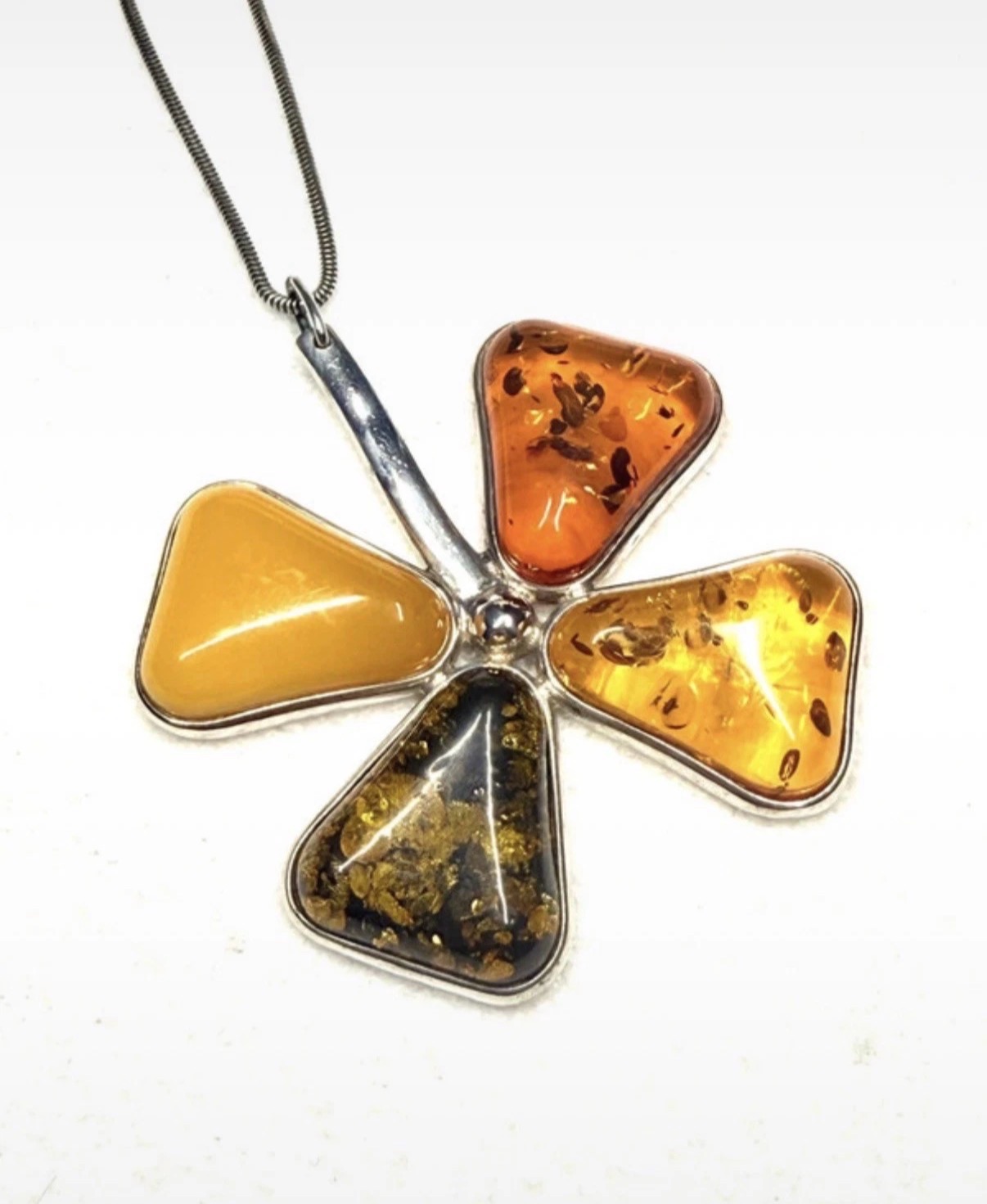Vintage Amber Clover/Flower Pendant 925 Silver Honey Olive and Cognac Colors
