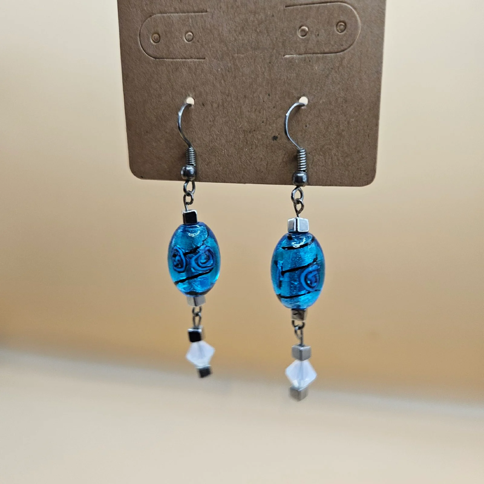 Artisan Murano Style Lampwork Glass Earrings Blue Foil Swirl Boho Dangle Gift