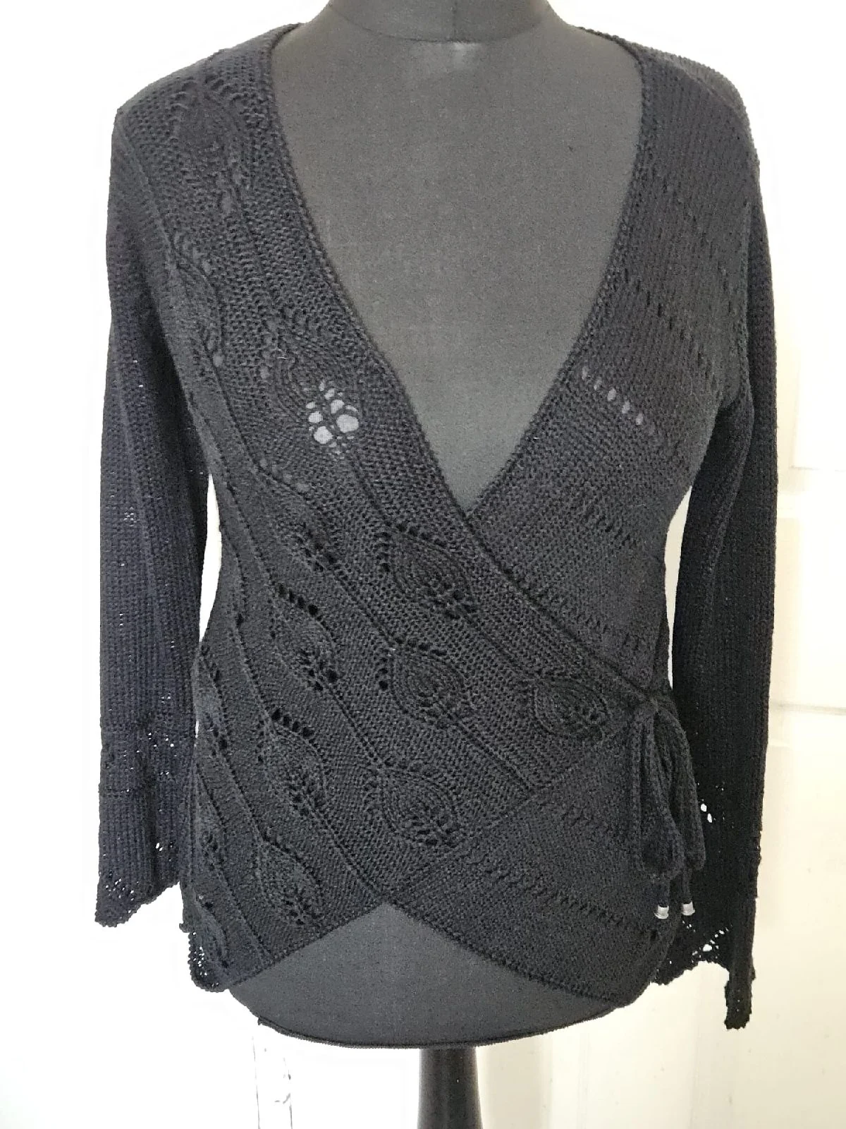 Intrama Black Crochet Knit Wrap Size L/XL Fairycore Boho Bell Sleeve Cardigan