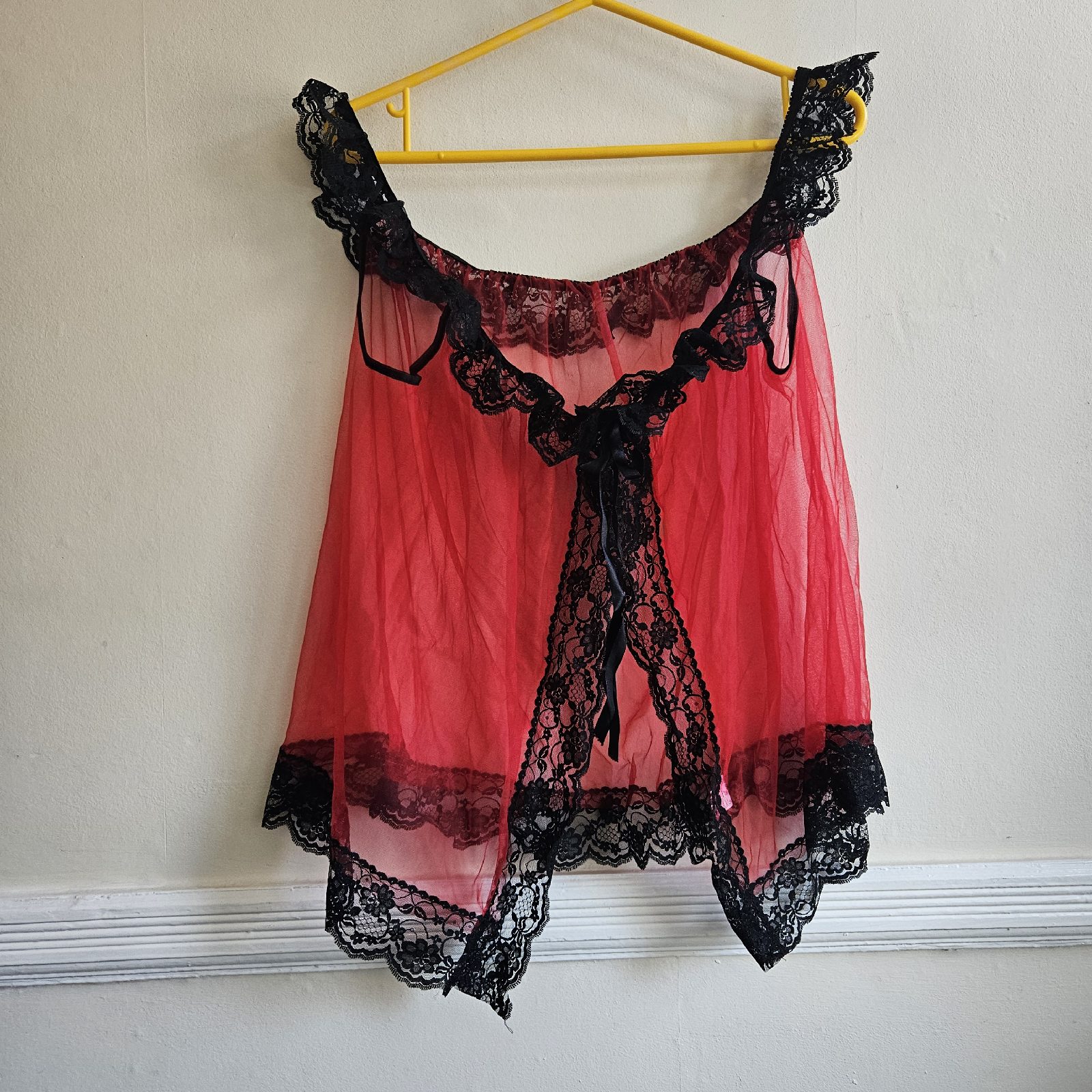 CLASSIFIED Red Black Lace Sheer Mesh Babydoll Lingerie Bow Open Front