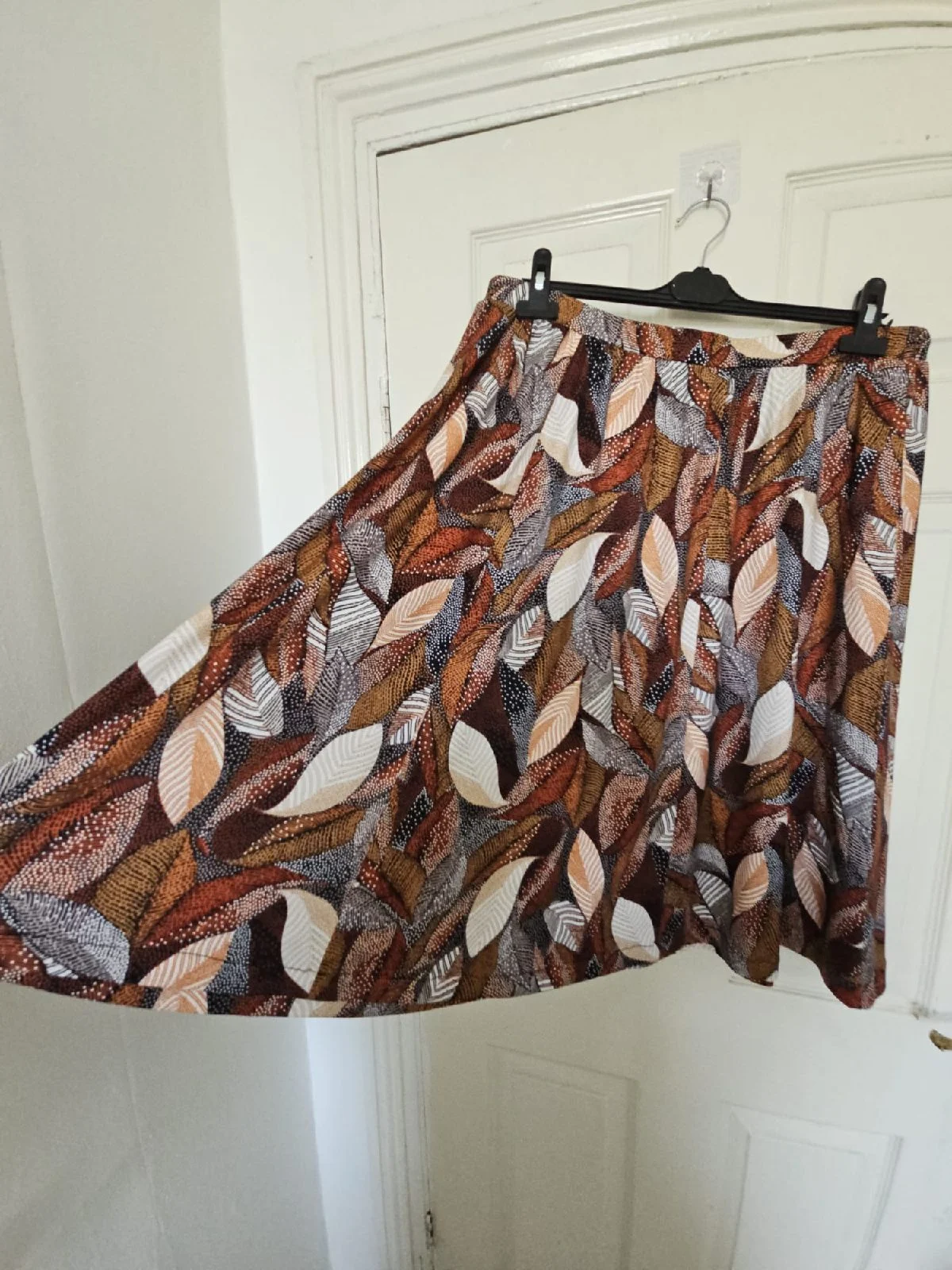 Together Abstract Leaf Print Stretch Jersey Midi Skirt Boho Autumn Casual 16